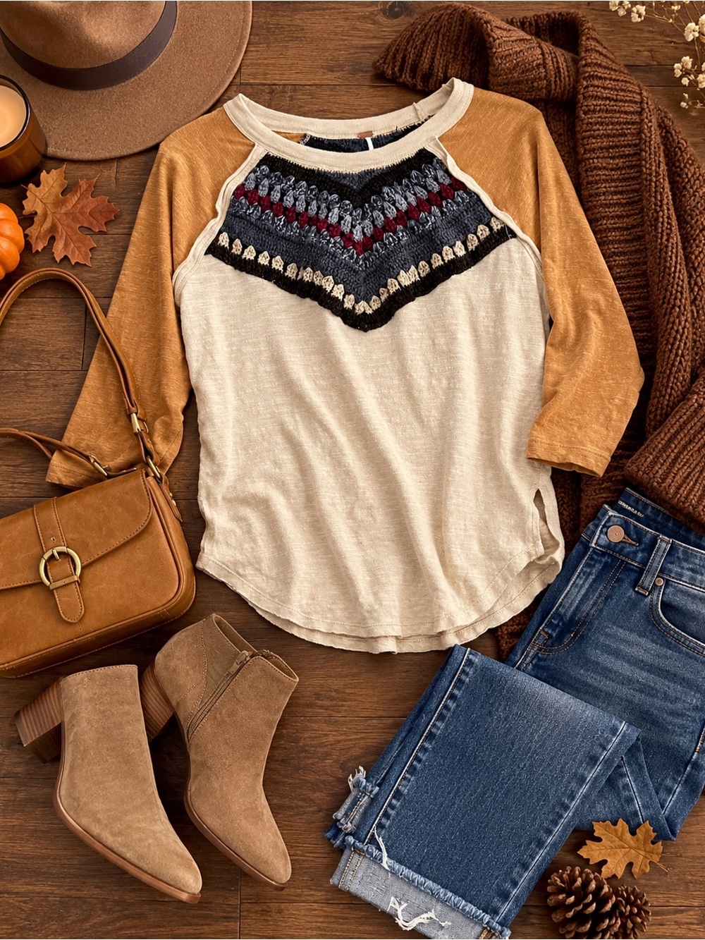 Free People XS Crochet Yoke Raglan Top Boho Fall 3/4 Sleeve Cream Mustard